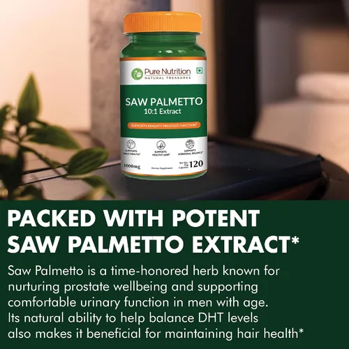 Vista 5 de Pure Nutrition Saw Palmetto Extracto 10:1, 1000 mg por porción de 2 cápsulas 120 cápsulas vegetales Soporte de próstata Suplemento de próstata