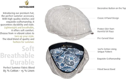 Vista 4 de Gorra de verano de algodón de 8 paneles para hombres y mujeres, sombrero clásico de panadero vintage