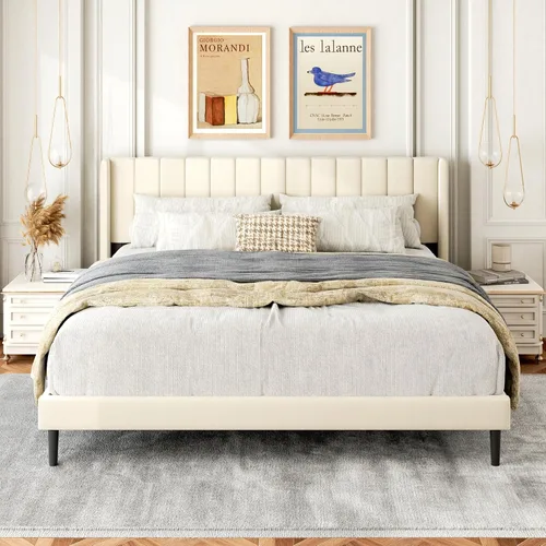 Vista 21 de Gruwans Base de cama de tamaño individual con cabecera tapizada con respaldo de ala, plataforma de fácil montaje, soporte de listones de madera,