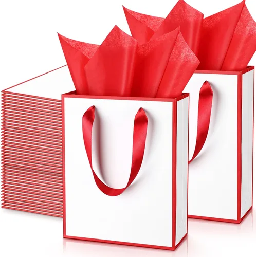 Vista 29 de Yeaqee Paquete de 100 bolsas metálicas de regalo con asa y papel de seda de papel de seda dorado para graduación, boda, padrinos de boda, regalos
