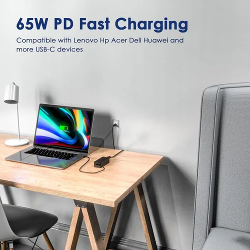 Vista 5 de Cargador USB C de 65 W compatible con Lenovo Thinkpad Chromebook Yoga Laptop y más cable de alimentación USB tipo C