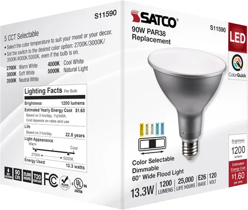 Vista 8 de Satco S11590; LED PAR38 de 13.3 vatios; base media; acabado plateado; CCT seleccionable; 120 voltios; ángulo de haz de 60 grados