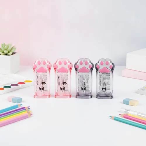 Vista 4 de 4 sacapuntas manuales rosas y grises para niños, sacapuntas de garra de gato con tapa para suministros de oficina y hogar, sacapuntas