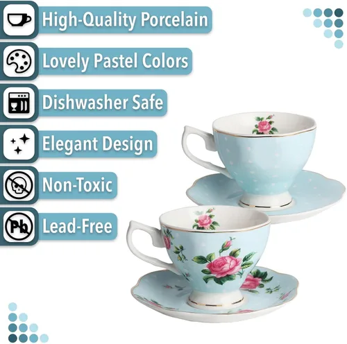 Vista 4 de BTaT- Juego de 2 tazas de té y platillos florales, 8 onzas, juego de tazas de té de porcelana fina con ribete dorado para té de la tarde, bodas