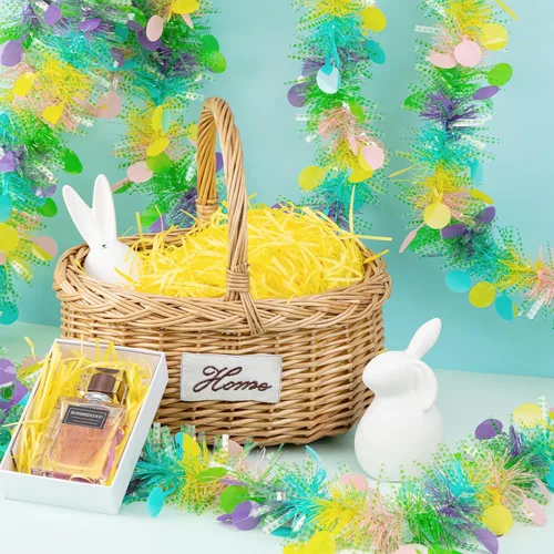 Vista 5 de Guirnalda de oropel de Pascua de 33 pies con diseño de huevo de Pascua metálico con confeti, guirnalda colgante de primavera, decoración para árbol