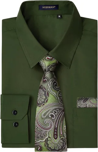 Vista 66 de HISDERN Mens Dress Shirt with Tie Pocket Square Set Classic Button Down Shirt Matching Tie Long Sleeve Shirts 08-verde