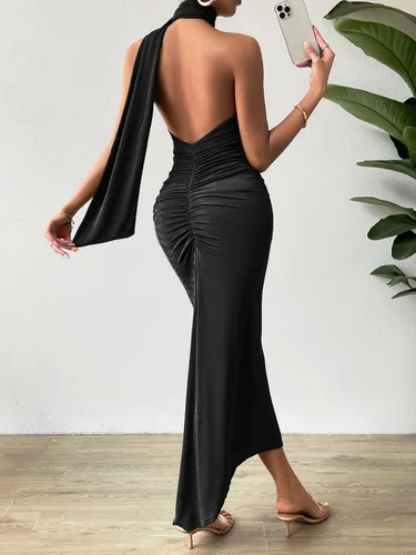 Vista 6 de OYOANGLE Vestido largo bodycon sin mangas para mujer, sin espalda, fruncido, para invitadas de boda