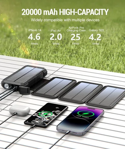 Vista 4 de BLAVOR - Banco de energía solar con 4 paneles plegables, cargador portátil de 20000 mAh Negro