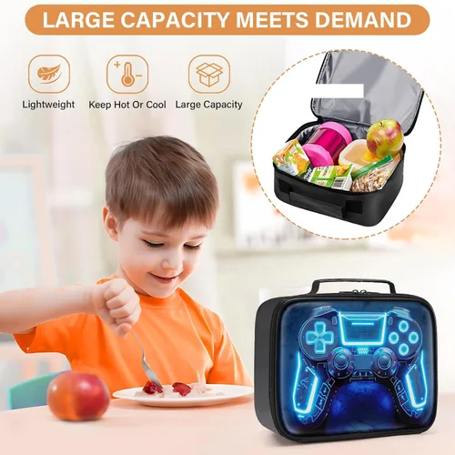 Vista 6 de Lonchera de cuero para niños, lonchera de cuero para niños, regalos para jugadores, lonchera aislada para videojuegos, lonchera portátil