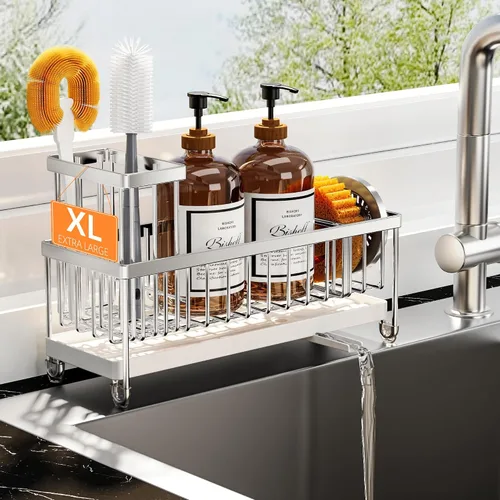 Vista 22 de Cisily Soporte de esponja negro extra grande para fregadero de cocina, organizador de fregadero con soporte alto para cepillos, organizadores