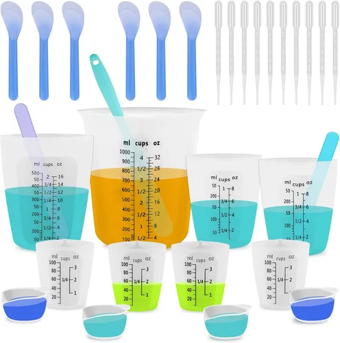 Vista 12 de Juego de tazas medidoras de mezcla de resina de silicona de 1L para suministros de resina, marcas fáciles de leer, taza grande de 1000ml/32oz, tazas
