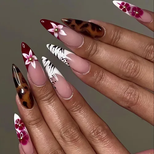 Vista 22 de BABALAL Uñas postizas largas a presión de estilo stiletto, uñas postizas francesas de lujo, con pegamento, diseño de diamantes de imitación