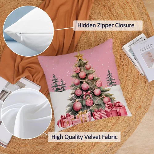 Vista 2 de Fundas de Almohada Feliz Navidad 12x12 Juego de 4 Fundas de Almohada de Terciopelo de Navidad Rosa Navidad Invierno Vacaciones Fundas de Almohada