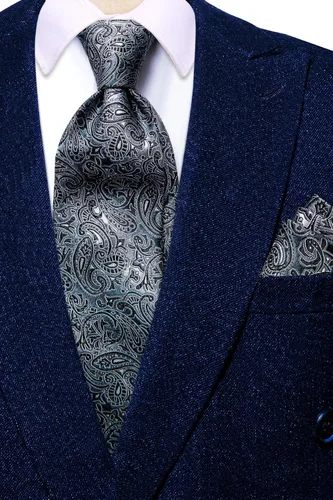 Vista 7 de Hi-Tie Corbatas de seda para hombre, diseño de cachemira a rayas, con bolsillo, gemelos cuadrados, conjunto formal de negocios