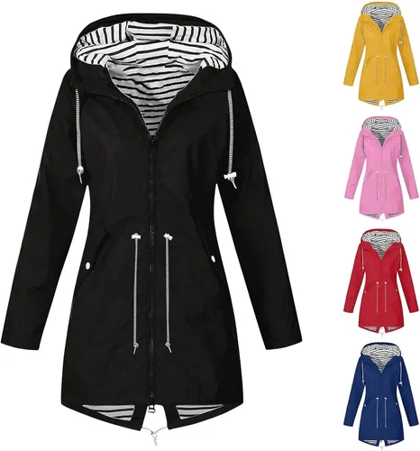 Vista 3 de cllios Impermeable para mujer, rompevientos con cremallera, chaqueta impermeable ligera para exteriores, con capucha, gabardina