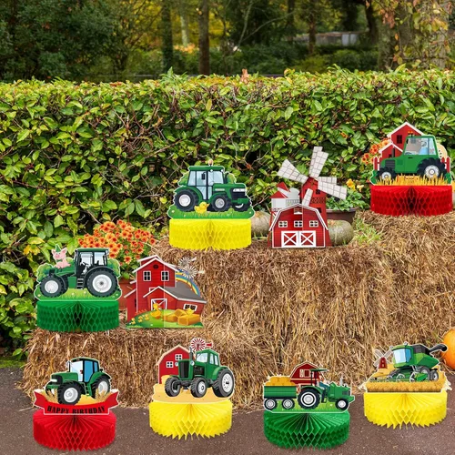 Vista 7 de 9 piezas de centro de mesa de nido de abeja de tractor, decoración de fiesta de cumpleaños con temática de tractor verde de granja, decoración