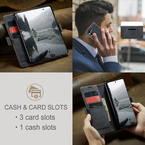 Vista 6 de Funda tipo cartera para Samsung Galaxy Z Fold 7 de piel con tarjetero y función atril, cierre magnético, bloqueo RFID, TPU a prueba de golpes, Negro