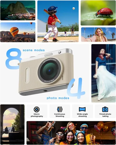 Vista 4 de Cámara digital para niños con lente dual de conmutación, 64MP 4K Point and Shoot Cámara con tarjeta de 32 GB, zoom 16X antivibración, cámaras