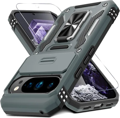 Vista 55 de DEERLAMN Funda para Google Pixel 8 con cubierta deslizante para cámara + protector de pantalla (1 paquete), soporte de anillo giratorio grado