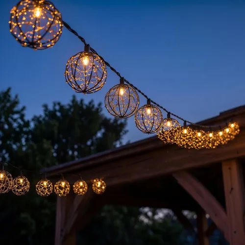 Vista 8 de Guirnalda de luces multicolor para exteriores, tira de luces de patio de 8.5 pies con 10 mini linternas colgantes, luces decorativas impermeables