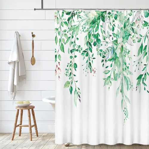 Vista 65 de Tititex - Juego de cortinas de ducha de eucalipto negro, hojas de acuarela gris en la parte superior, con decoración floral de baño, 60 x 72