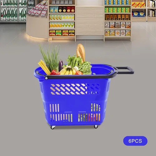 Vista 4 de Carrito de compras de 6 piezas, moderno carrito de compras de 35 l/9.2 galones con ruedas y asa, cesta de compras de PP independiente carrito de Azul