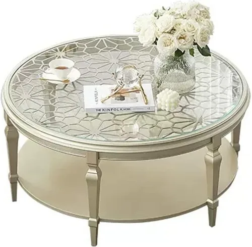 Vista 8 de Mesa de té para sala de estar, mesa de centro redonda de madera moderna con tallado calado y parte superior de cristal, 31.4/39.3 pulgadas, elegante