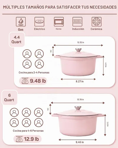 Vista 6 de Ciwete - Olla de horno holandés de hierro fundido esmaltado, 4.4 cuartos de Rosa claro