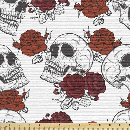 Vista 14 de Ambesonne The Yard, tela de calavera colorida con temática de Halloween, diseño de calavera y huesos cruzados, divertido estampado de dibujos