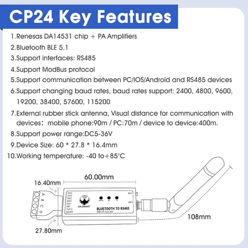 Vista 3 de Adaptador serie DX-CP24 RS485 a Bluetooth, módulo de comunicación Bluetooth inalámbrico industrial a convertidor RS485, cambia el dispositivo
