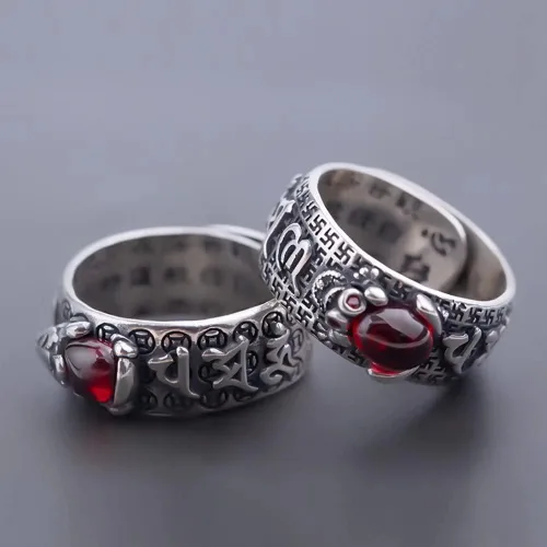 Vista 2 de JUNTEN Feng Shui PIXIUToad MANI Mantra Ring 990 Sterling Silver Ring Amulet Lucky Wealth Open Adjustable Rings Buddhist Jewelry