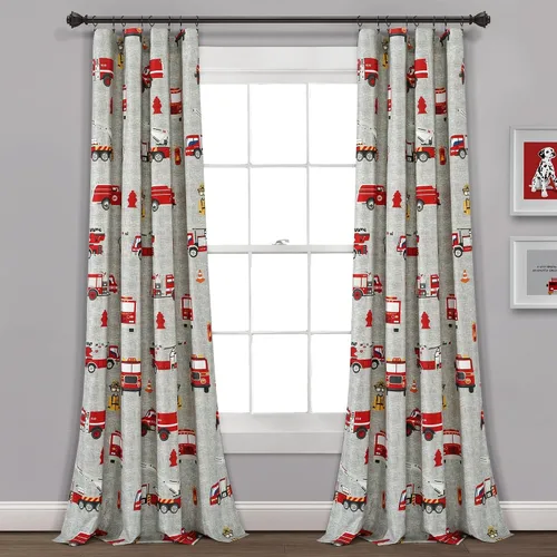Vista 4 de Lush Decor Panel de cortina para ventana de camión de bomberos, par, 52 pulgadas de ancho x 84 pulgadas de largo, rojo y gris - Cortinas