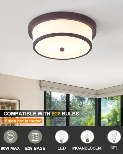 Vista 2 de Lámpara de techo empotrada de 12 pulgadas, Luminarias de techo de 2 luces pegadas al techo con acabado de bronce frotado con aceite para baño