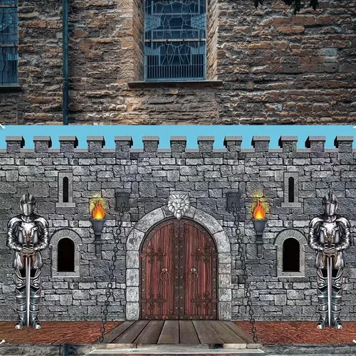 Vista 4 de Decoraciones medievales para fiestas, telón de fondo de pared de piedra con armadura de caballero, grande de 73 x 43 pulgadas, poliéster
