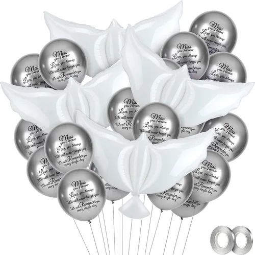 Vista 8 de Skylety 36 globos conmemorativos con 4 globos de paloma de la paz para liberar en recuerdo del cielo, decoraciones de helio para funerales, Negro