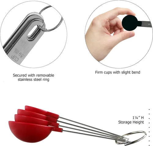 Vista 3 de Reston Lloyd 4 cucharas medidoras para ingredientes secos y líquidos, plástico de grado alimenticio con asas de acero inoxidable, color rojo