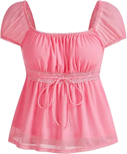 Vista 21 de SOLY HUX Blusa de verano de manga corta para mujer Blanco sólido