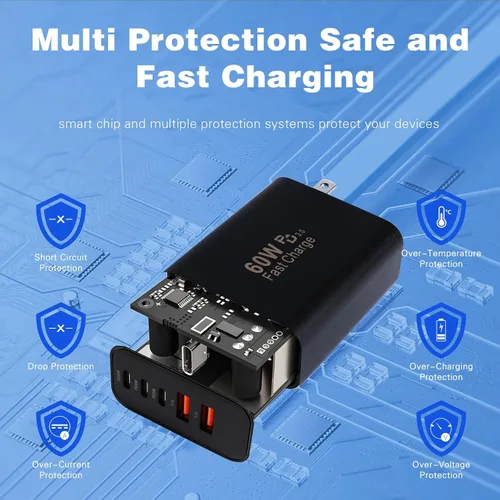 Vista 4 de Cargador USB C para iPhone 17 de 16,60 W, multipuerto tipo C, carga rápida, paquete de 2 cargadores de teléfono USB C de 5 puertos, cable de carga