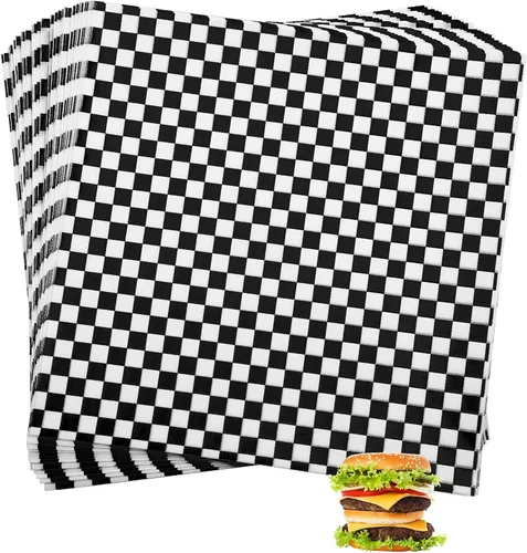 Vista 2 de 200 hojas de envoltorio de alimentos a rayas negro y blanco, papel encerado seco para pan y sándwiches, forros de papel para cestas de comida