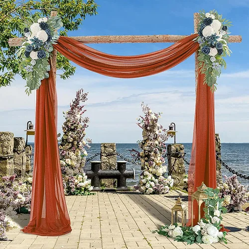 Vista 6 de Decoración de tela de gasa, 1 panel de 2 x 10 pies, cenefas sin arrugas, tela drapeada suave para arco de boda con 2 cintas, para decoración