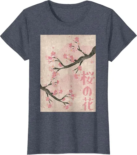 Vista 91 de Cherry Blossom Japanese Vintage Woodblock Japan Pink Sakura T-Shirt Asphalt Grey