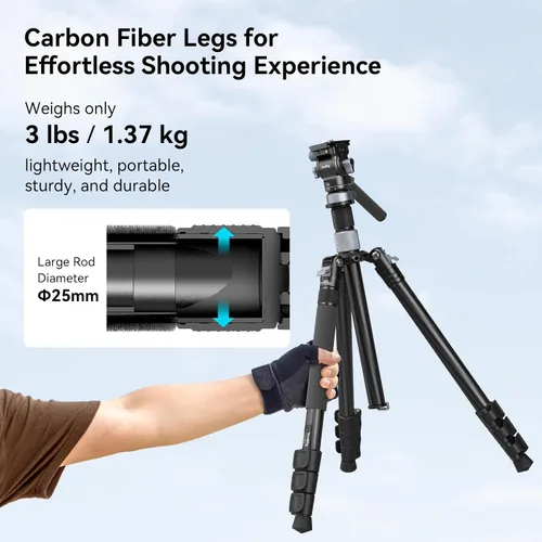Vista 3 de SMALLRIG Trípode de Video de Viaje de 160 cm, Trípode de Fibra de Carbono con Cabeza Fluida de Liberación Rápida, Base de Nivelación y Columna