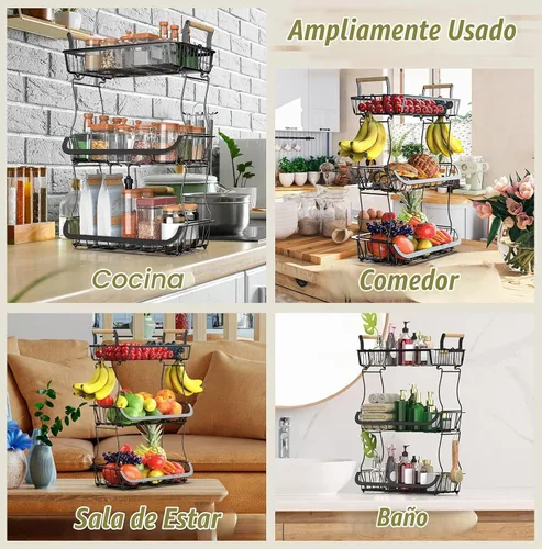 Vista 4 de Cesta de frutas de 3 niveles para encimera de cocina con 2 ganchos para plátanos, soporte grande para frutero, soporte de almacenamiento de frutas