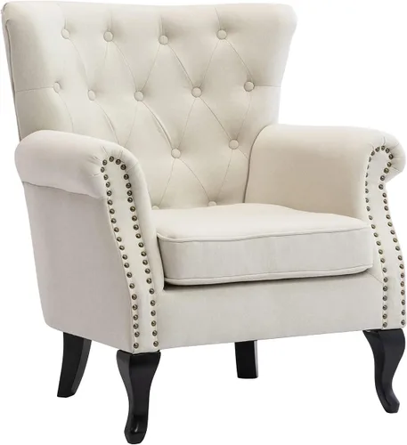 Vista 4 de Juego de 2 sillas decorativas modernas de mediados de siglo, sillón de tela de lino con respaldo acolchado/patas de madera, sillón de descanso