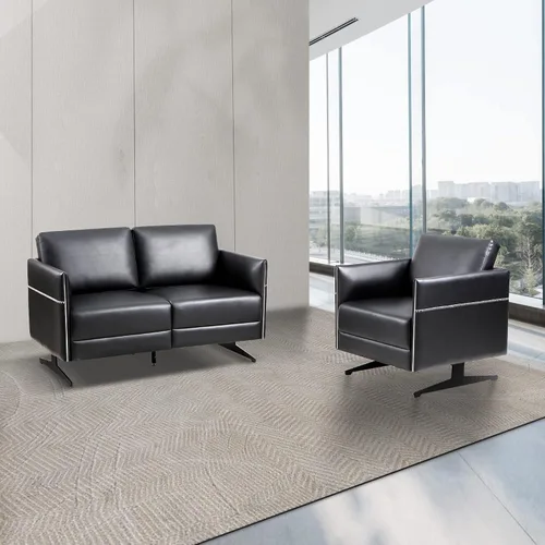 Vista 2 de Silla decorativa de dos plazas, sofá tapizado de piel sintética, soporte lumbar ergonómico, para sala de espera cúbica, silla de recepción, moderna