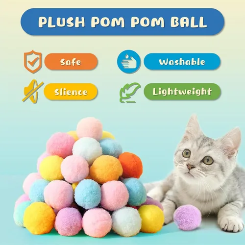 Vista 2 de 30 piezas de bolas de pompón de gato premium silenciosas, bolas de juguete de colores surtidos y suaves interactivas (3 cm), con 4 piezas de juguete