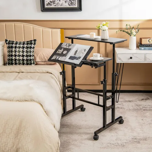 Vista 2 de COSTWAY Escritorio móvil de pie, carrito para laptop con escritorio abatible, mesa sobre la cama con ruedas, escritorio de computadora para estar