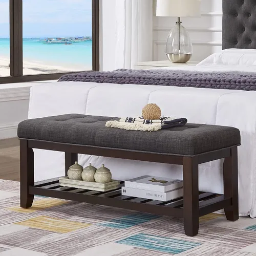 Vista 12 de 24KF Banco Otomano Grande Rectangular Tapizado con Capitoné de Tela de Lino, Banco Acolchado con Estante de Madera Maciza - Granito Banco de granito