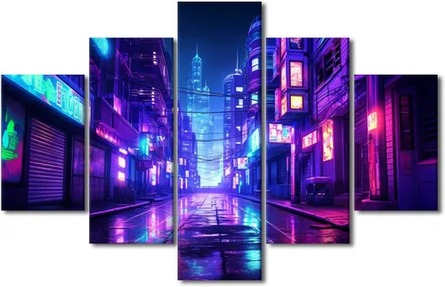 Vista 84 de Póster de 5 paneles en lienzo para decoración de pared, diseño de centro urbano Cyberpunk, impresión moderna, decoración de pared para el hogar