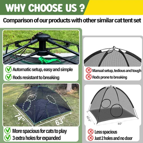 Vista 5 de Pawtenda Carpas portátiles 3 en 1 para gatos al aire libre, tiendas de campaña para gatos Catio Green para exteriores, tiendas de campaña para gatos